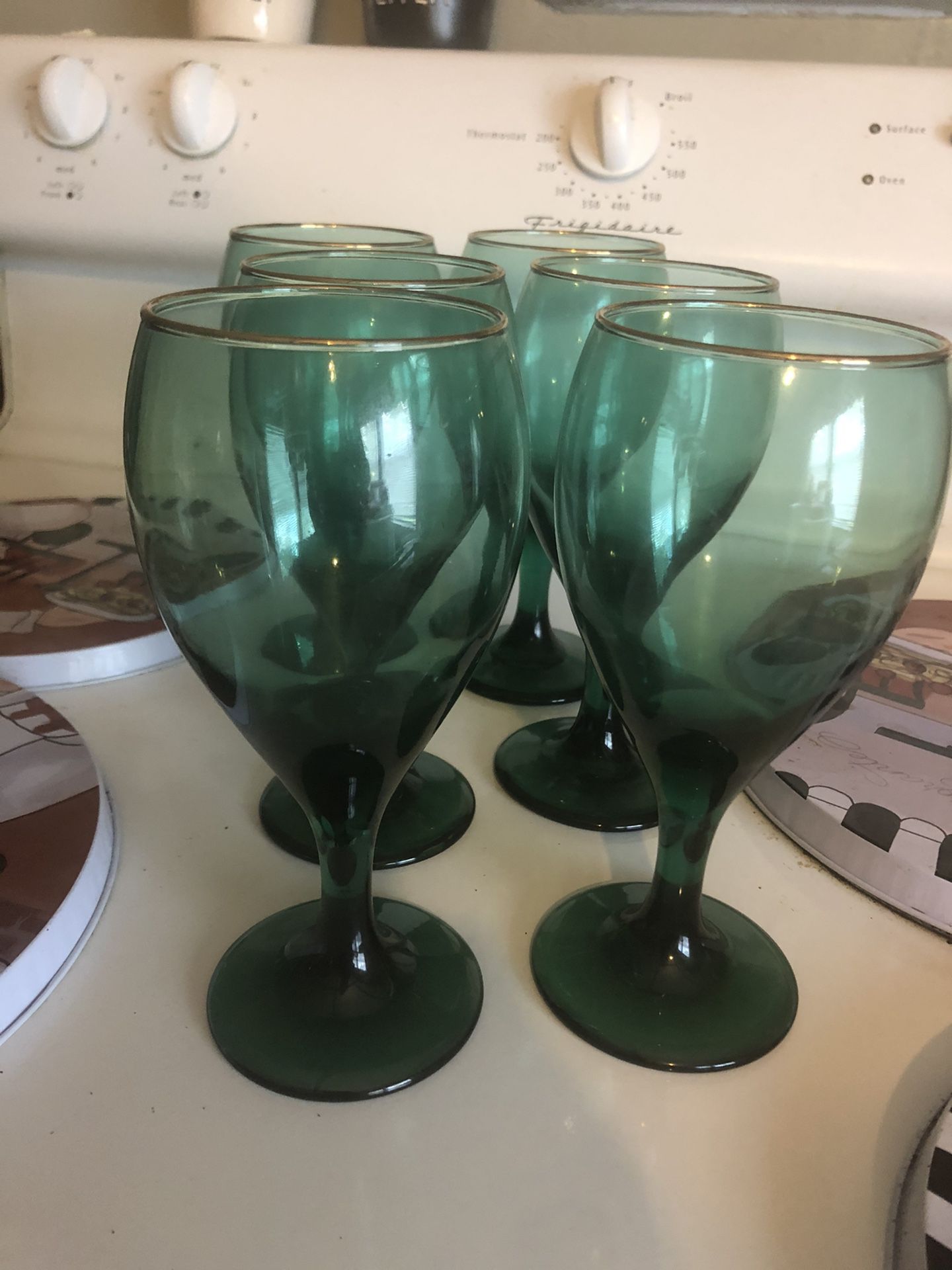 Vintage wine glasses Libby green gold rim
