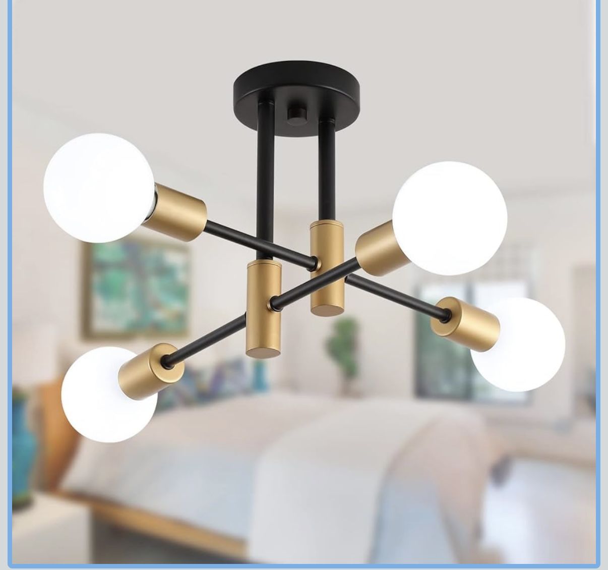 Black and Gold Modern Sputnik Chandelier Ceiling Light Fixtures,4-Lights Mid Century Industrial Metal Semi Flush Mount Ceiling Lights for Bedroom Kitc