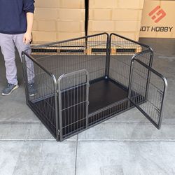 (NEW) $95 Heavy Duty Pet Playpen with Plastic Tray, Dog Cage Kennel 4 Panels, 49x32x28 inches 