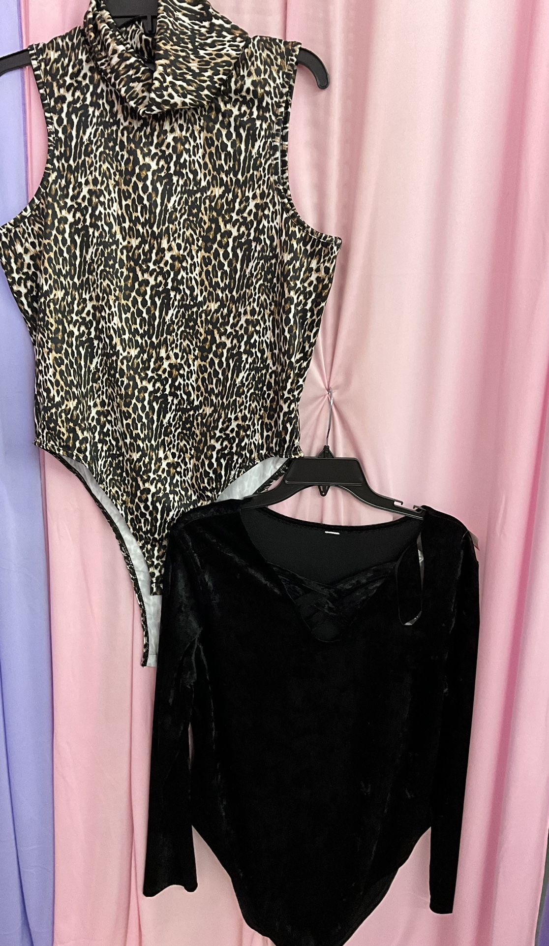 Cheetah Print Turtle Neck Sleeveless Black Velvet Bodysuit 
