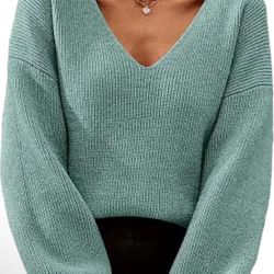 large size Women's V-Neck Ribbed Knit Sweater, Long Sleeve, Mint Green, Casual Pullover Top