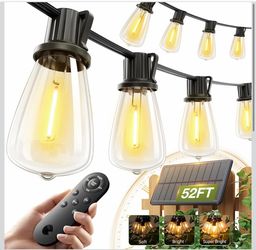 addlon 54 ft (48+6) Solar String Lights Waterproof, solar-powered patio lights with remote control and USB port; 15+1 shatterproof LED bulbs; 3 light