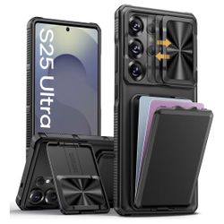 Samsung Galaxy S25 Ultra Phone Case with Card Holder & Kickstand & Slide Camera Lens Cover