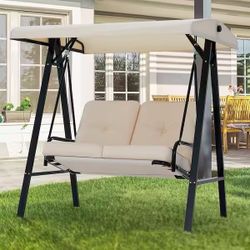 Outdoor Swing, 2-Person Metal Patio Swing with Canopy and Cushions in Beige