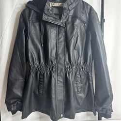Women Cavalini vegan leather jacket black full zip hooded .  Size 2X