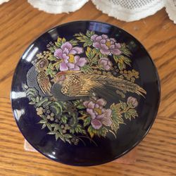 Cobalt Blue Peacock & Flowers Trinket Box Hand Painted Japanese Gilded 4”