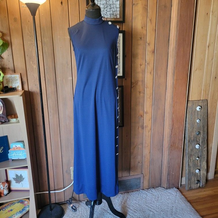Vtg R&K Knits Ladies Navy Sleeveless HighNeck Dress With Rhinestone Buttons Sz 8