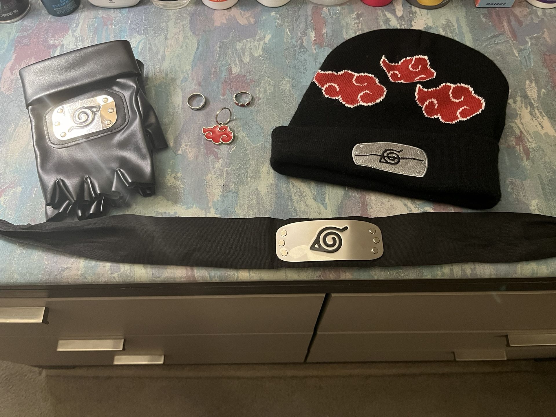 Naruto Leaf Village Ninja Headband & Gloves With Akatsuki Beanie With Two Rings & Necklace Charm