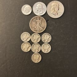 Coins - 90% Silver - Brilliant Uncirculated – 1962 Roosevelt/Washington/Franklin – Worn Liberty Walking Half/7 Worn Mercury Dimes Total 11 Coins