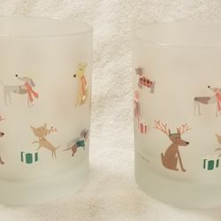 Set of 2 Frosted Culver Christmas Dogs Bar Old Fashioned Glasses