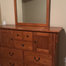 Queen bed, Dresser, Bedside Table, Dresser Mirror , Box Spring