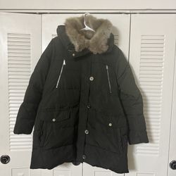 Michael Kors Women's Navy Faux-Fur-Collar Hooded Down Puffer Coat XL New Olive