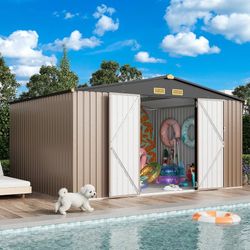 10x12FT Outdoor Storage Shed, Metal Garden Tool Shed with Breathable Vent and Lockable Doors, Outside Storage for Backyard, Poolside, Patio, Brown