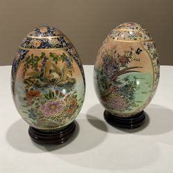 Set of Two Beautiful Vintage Hand Painted Ceramic Eggs, 8.5” High