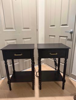 Pair of Tall Black Nightstands with Gold Hardware