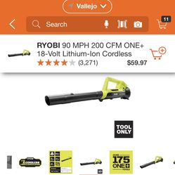 RYOBI ONE 18 V BLOWER CORDLESS 90 MPH 200 CFM