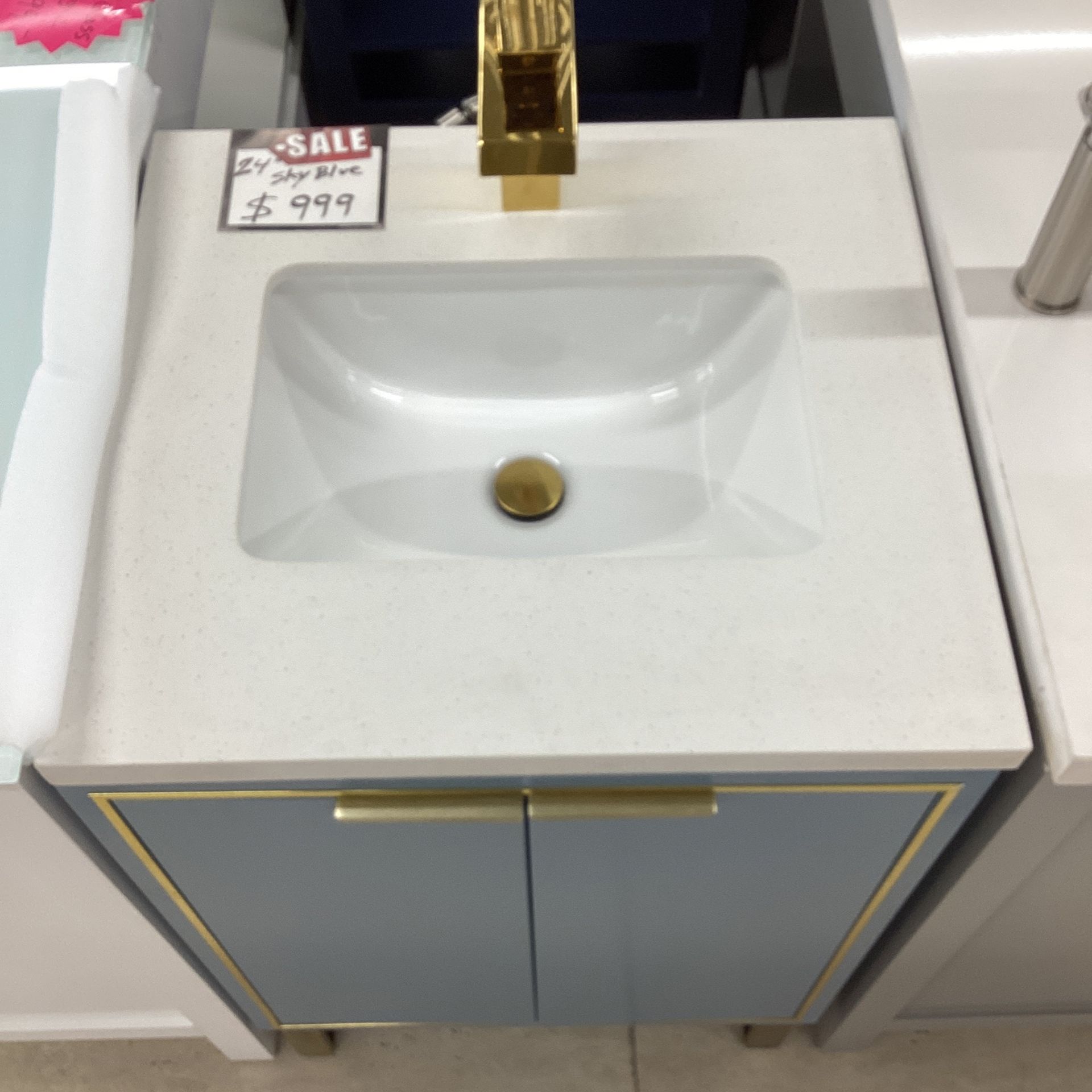 24” Sky Blue Bathroom Vanity Stone Countertop Ceramic Sink Solid Wood Fully Assembled Available Today!!!