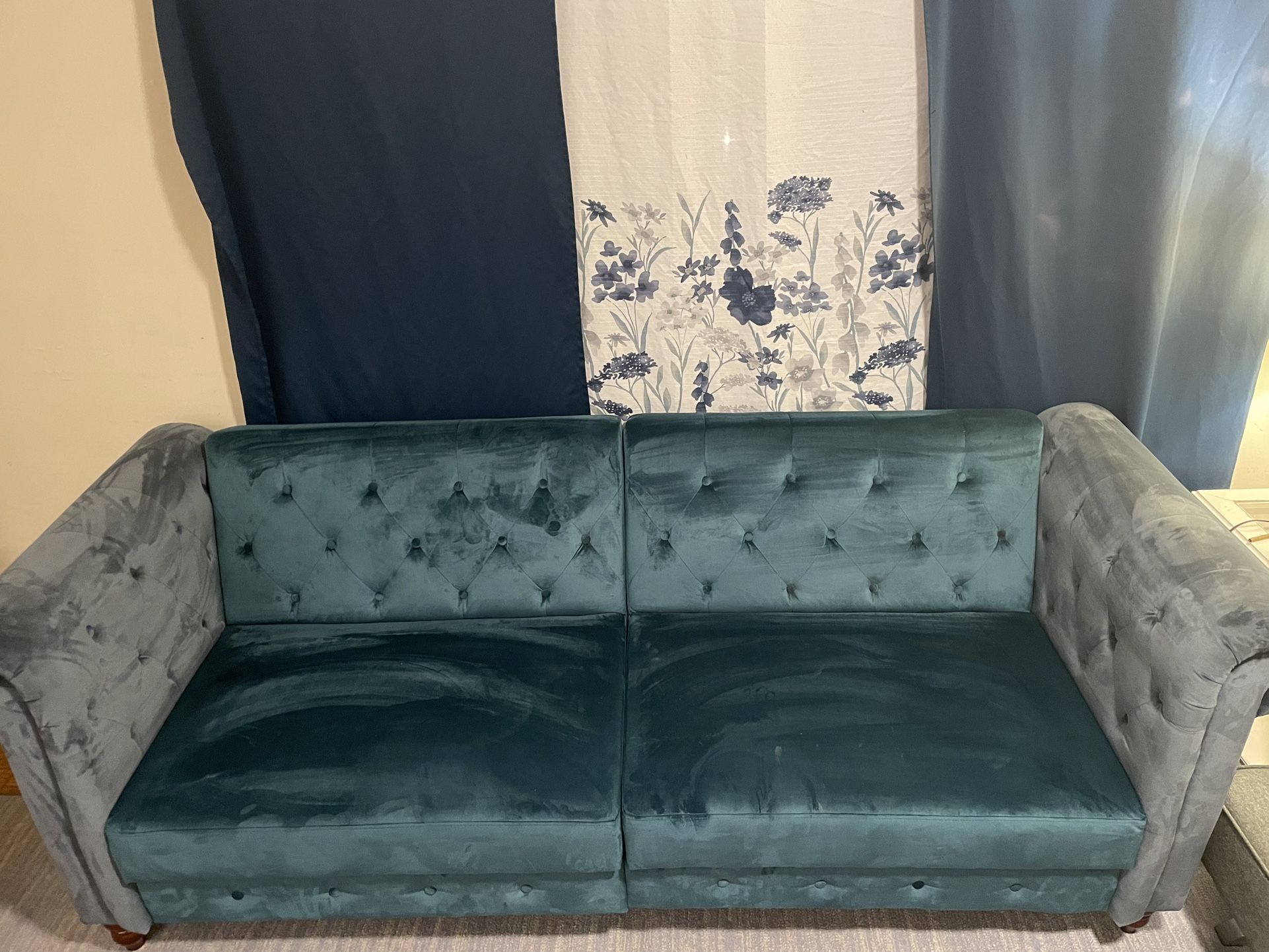 Very beautiful blue/teal tuff velvet futon sofa (queen)