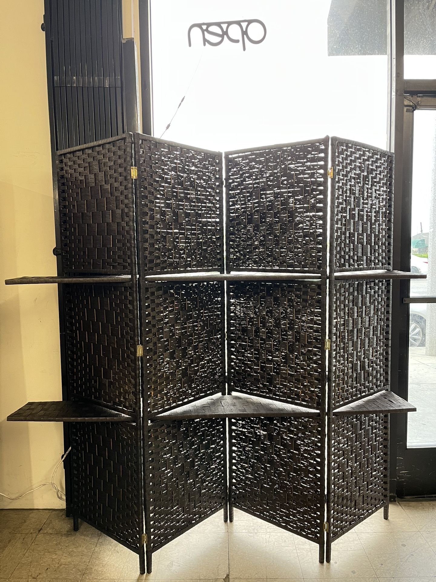 4 Panels Brown Room Divider Wall with Removable Storage Shelves ( 18"L x 1"W x 71"H each panel )