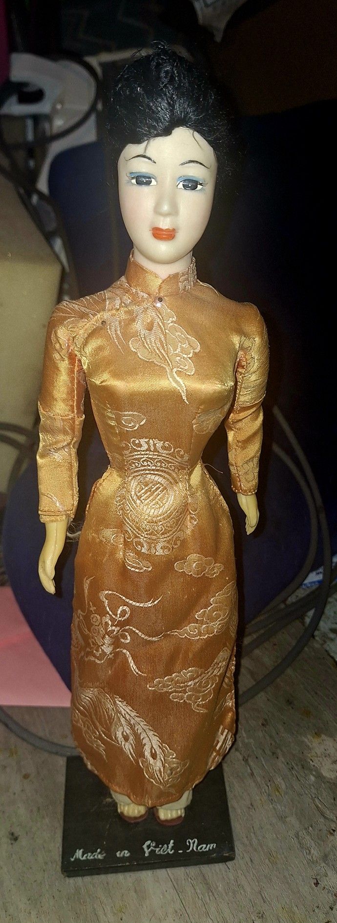 Rare Vintage Made In Viet Nam Doll 15 Inch On Wooden Platform