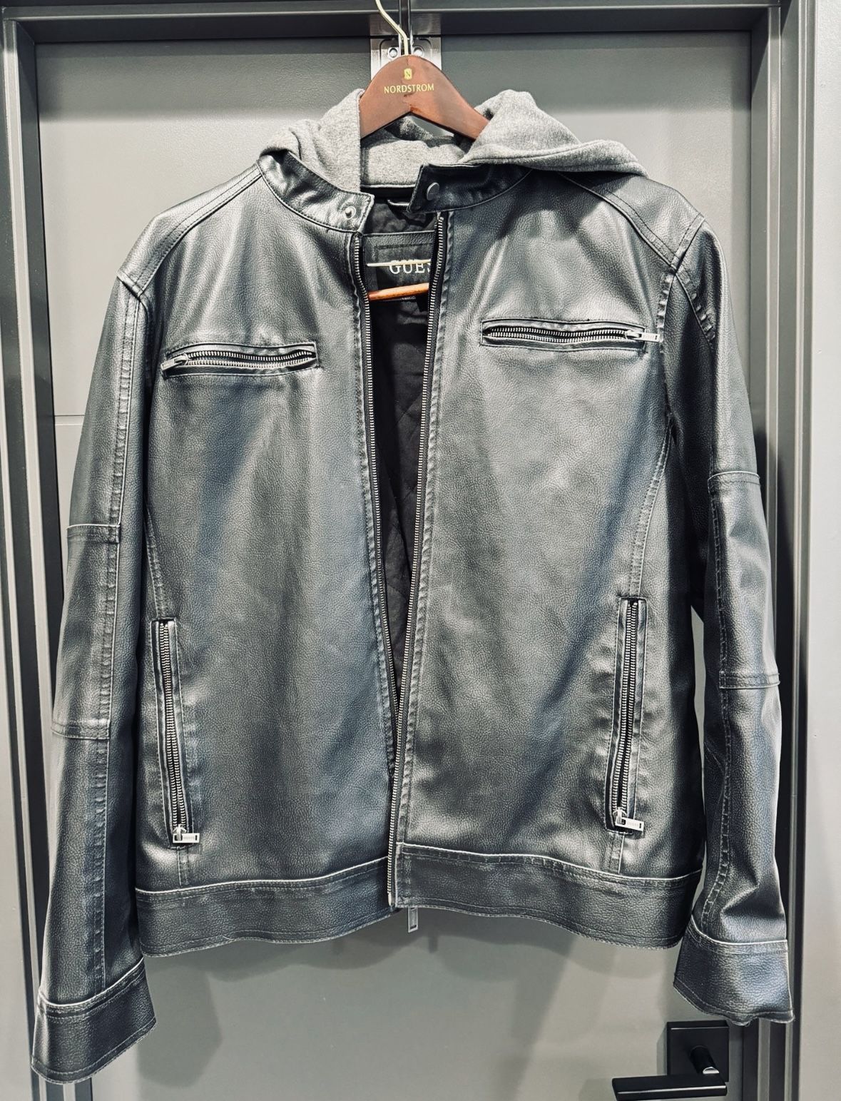 Men’s Leather Jacket Guess XL With Hoodie