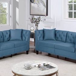 Brand New Blue Sofa Set With Tufted Back 