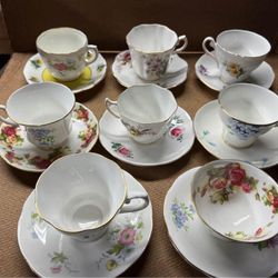English Bone China Tea Cups and Saucers - Lot of 8