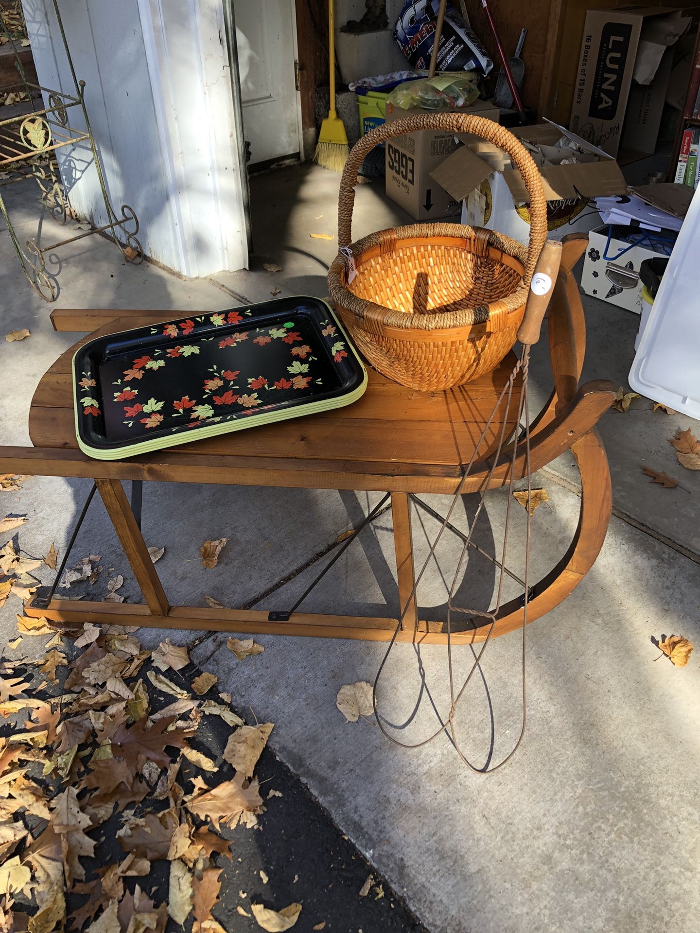 Wooden Sled, Large Fall Metal Tray, Basket Cash/Venmo