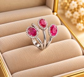 Triple Ruby Halo Cocktail Ring Silver