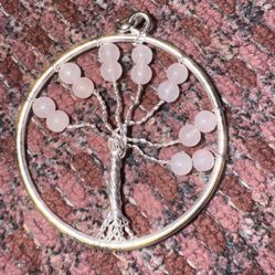 NEW Large Silver Tree of Life Pendant with Rose Quartz Stones 