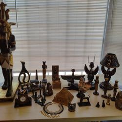 Egyptian Statue, Candle Sticks, Clock, Figurine Set 