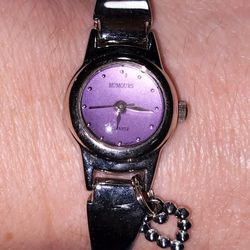 Stainless Steel Silver Rumours Watch With Purple Face And Small Heart Charm 
