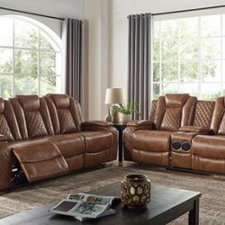 Brand New Brown Leather Power Reclining Sofa & Loveseat w Bluetooth Speakers 