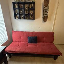 Convertible Futon Couch Bed with Microfiber Upholstery and Wood Legs, Red