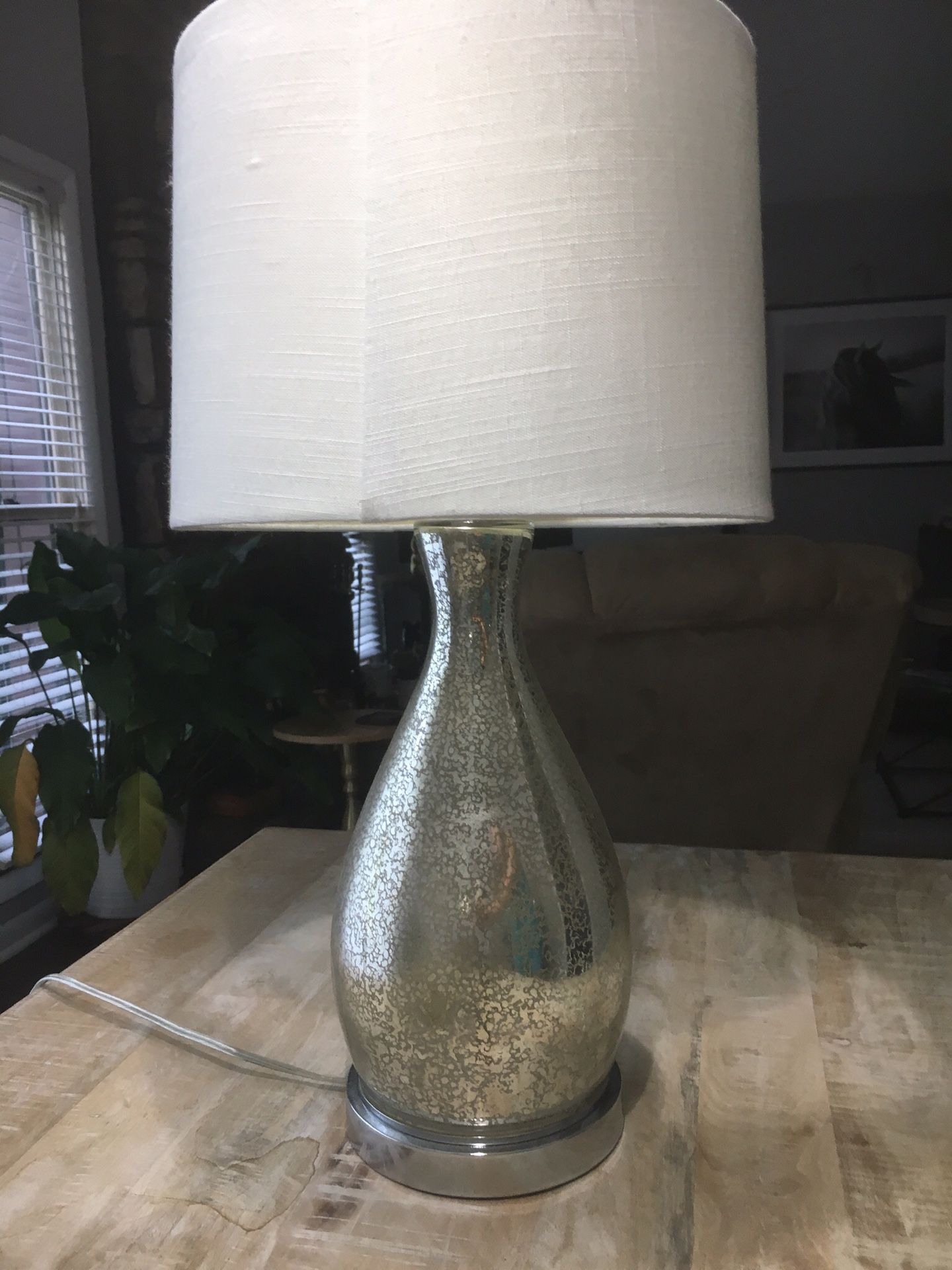 Table lamp, white linen shade, crackled silver base