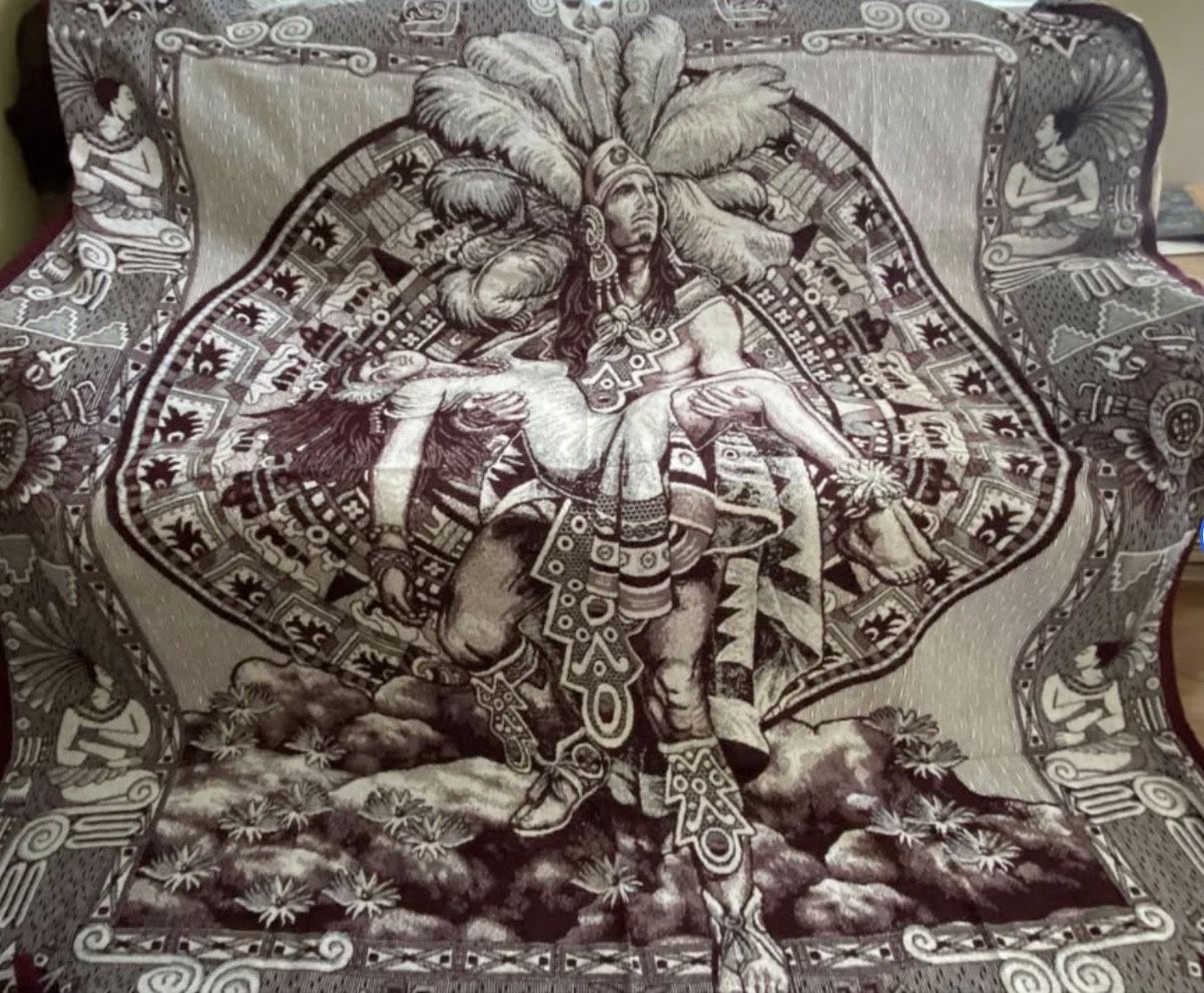 Woven AZTEC LEGENDARY WARRIOR/PRINCESS MEXICAN BLANKET wall hanging BURGUNDY
