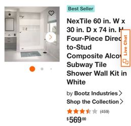 NexTile 60 in. W x 30 in. D x 74 in. H Four-Piece Direc to-Stud Live Chat Composite Alco Subway Tile Shower Wall Kit in White by Bootz Industries