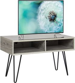 42" TV Stand Media Console with Built-In Grommet, Hardwood, Metal Hairpin Legs, Gray