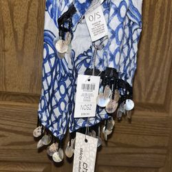 Chico’s Sanibal Charm Scarf Blue/white  Shell Beaded Tassels One Size New With Tags 