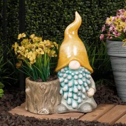 NEW In Box 16 in. Gnome with Yellow Hat Ceramic Planter with Drainage Hole, MGO - Retails For $65