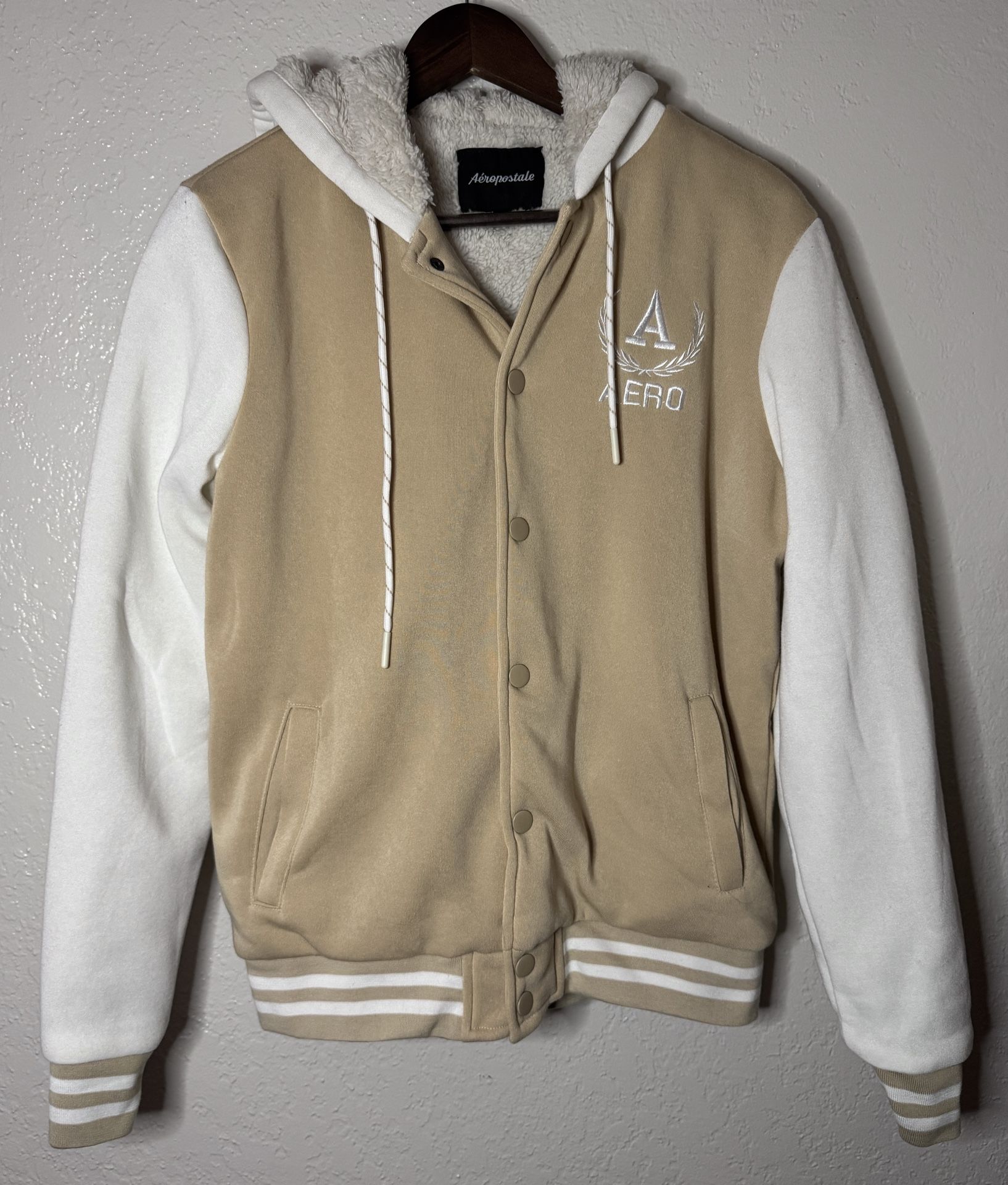 Fleece Bomber Jacket Mens Medium Aeropostale Sherpa Lined Beige/Cream AFV05863PE