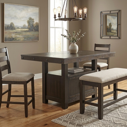 Dining table with two chairs and a storage bench