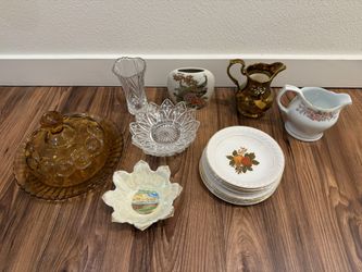 Vintage Assorted Glassware | Amber, Crystal & Floral Pieces