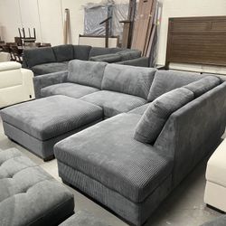 Corduroy Gray Sectional Sofa Couch with Ottoman