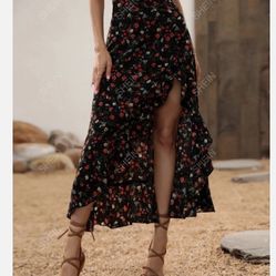 Floral Print Ruffle Trim Asymmetrical Hem Skirt