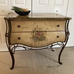 Counsel Chest Cabinet Entry Table Stenciled Foyer Bureau Dresser Solid Wood with Scroll Iron Frame OBO