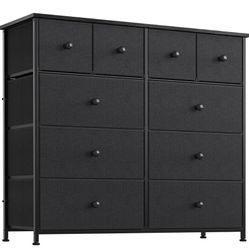 REAHOME 10 Drawer Dresser for Bedroom Fabric Storage Tower Wide Black Dresser with Wood Top Sturdy Steel Frame Storage Organizer Unit for Living Room 