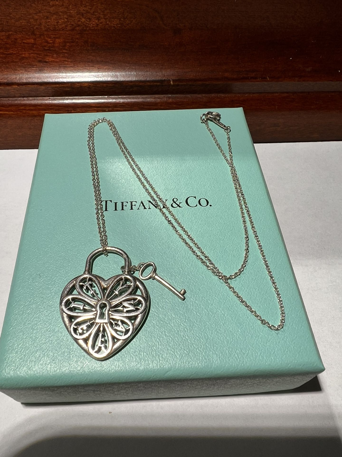 Tiffany & Co. Sterling Silver 925 Filigree Heart Lock Pendant Necklace W Key