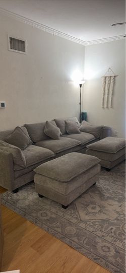 Gray Fabric Sectional Sofa with Two Ottomans