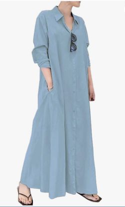 New XXL Ladyful Women's Button Down Cotton Linen Shirt Dress Long Sleeve